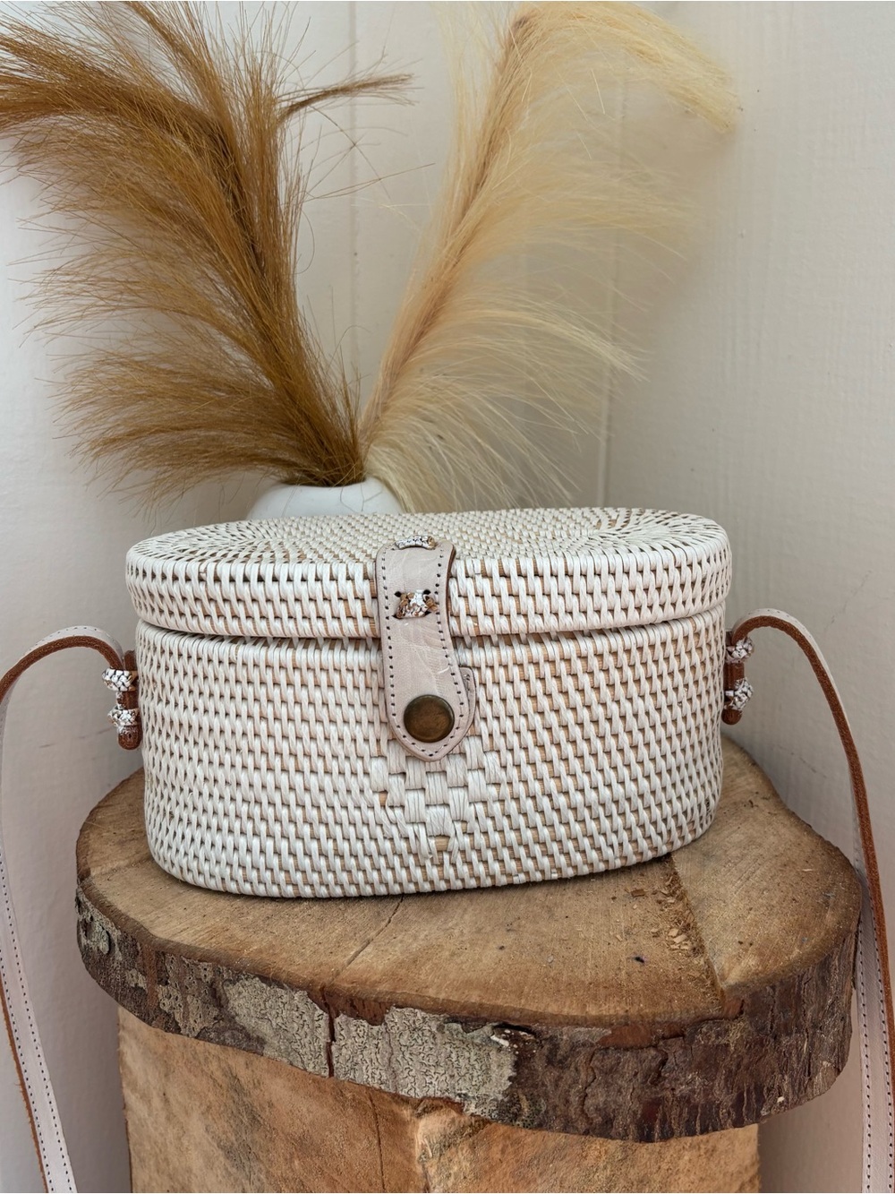 Handwoven Cream Oval Crossbody Bag with Leather Trim